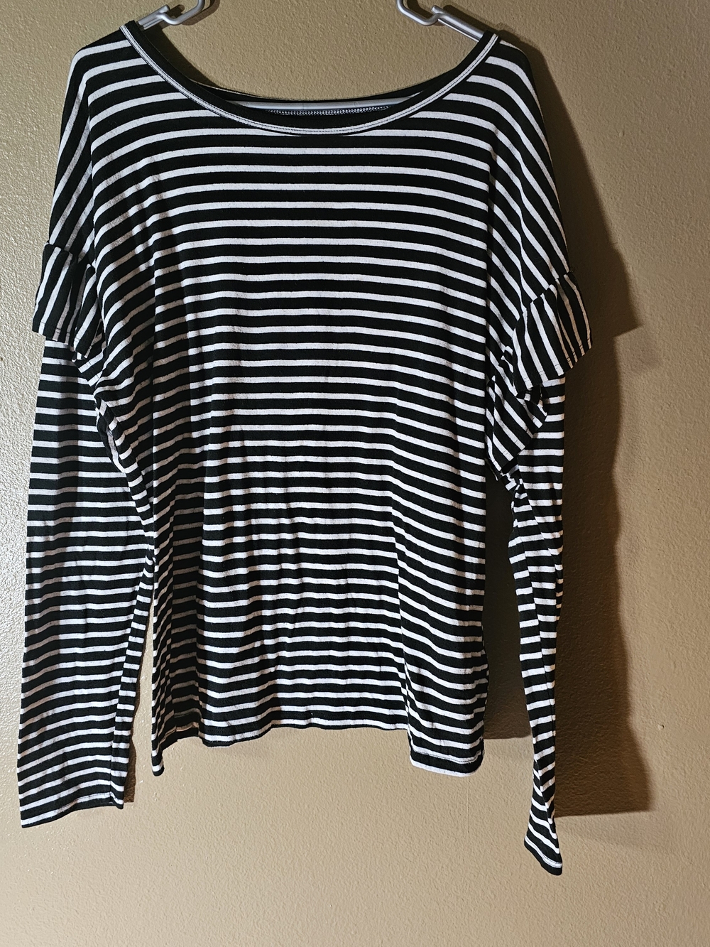 Time and Tru Black and White Striped Long Sleeve Tee With Ruffle Arm Detail